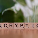 Drewniane klocki z napisem encryption symbolizujące bezpieczeństwo danych