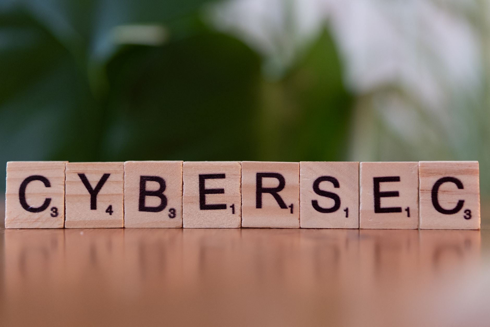 Drewniane kostki z napisem CYBERSEC na zielonym rozmytym tle